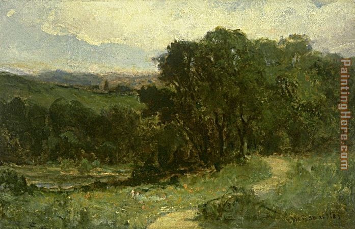 landscape with road near stream and trees painting - Edward Mitchell Bannister landscape with road near stream and trees art painting